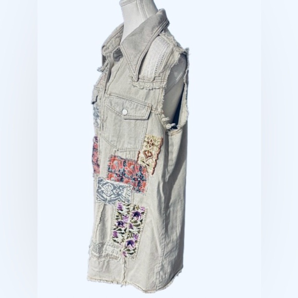 100% Cotton POL Patchwork Denim Dress Vest Boho Floral Embroidered Boho Cottage - Picture 14 of 16